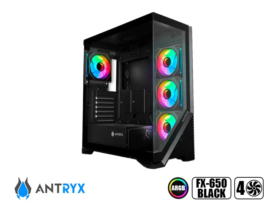 Case Antryx Fx650 Black Gaming S/fuente (ac-fx650k) Paneles De Vidrio, 4 Ventiladores, Led Argb, Negro Usb Arriba