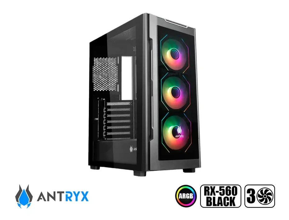 Case Antryx Rx-560 Black S/fuente (ac-rx560k) Panel De Vidrio, 3 Ventiladores, Led Argb, Negro