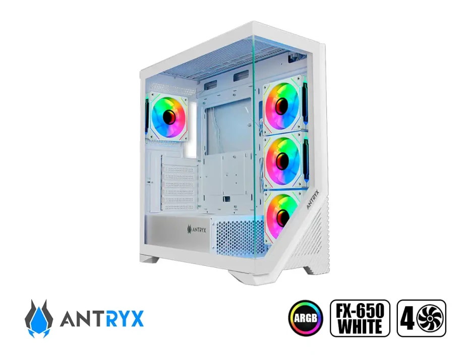 Case Antryx Fx650 Blanco Gaming S/fuente (ac-fx650w) Paneles De Vidrio, 4 Ventiladores, Led Argb, Usb Arriba