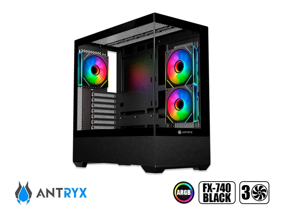 Case Antryx Fx-740 Gaming S/fuente (ac-fx740k) Paneles De Vidrio, 3 Ventiladores, Led Argb, Negro