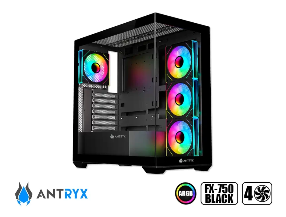 Case Antryx Fx-750 Black Gaming S/fuente (ac-fx750k) Paneles De Vidrio, 4 Ventiladores, Led Argb, Negro