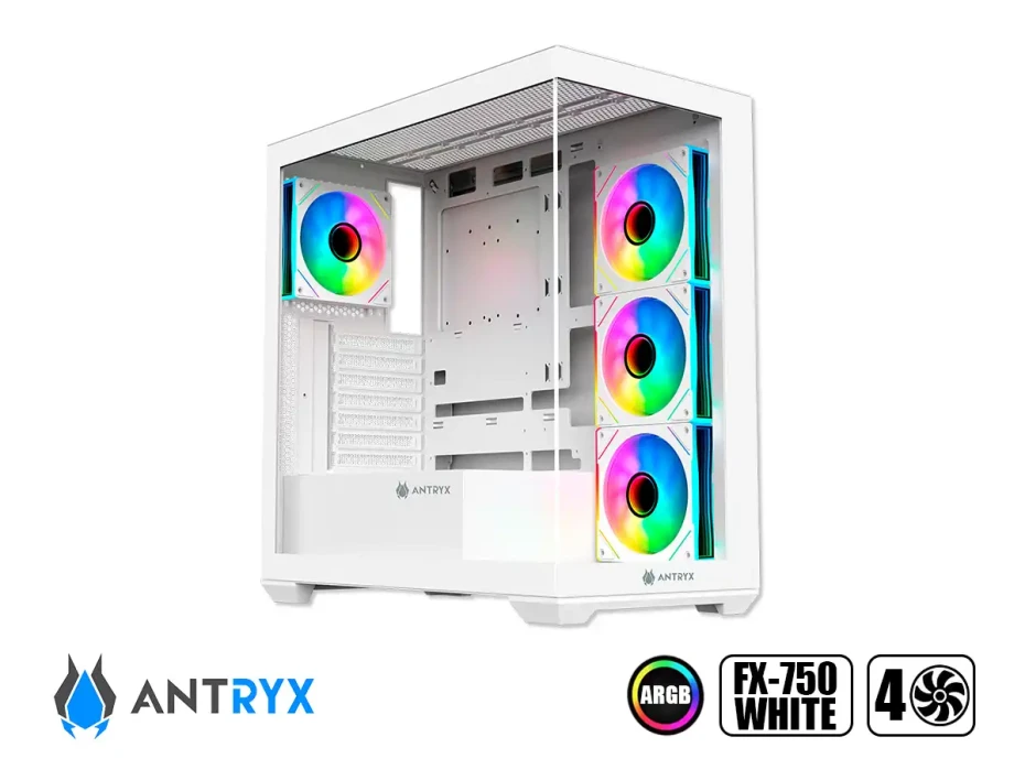 Case Antryx Fx-750 White Gaming S/fuente (ac-fx750w) Paneles De Vidrio, 4 Ventiladores, Led Argb, Blanco