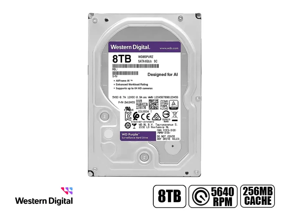 Disco Duro Western Digital 8tb (wd85purz) Cache 256mb, 5640 Rpm, 3.5", Sata 6, Para Video Vigilancia, Purpura