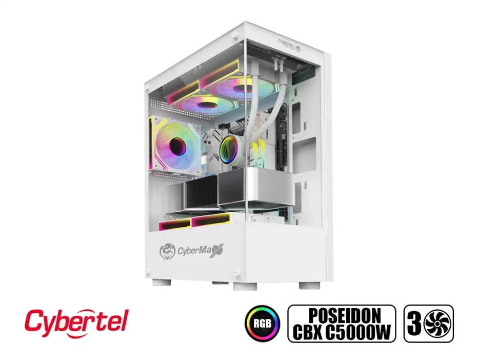 Case Cybertel Poseidon Cbx C5000w S/fuente (cbx-c5000w) Paneles De Vidrio, 3 Ventiladores, Led Rgb, Blanco