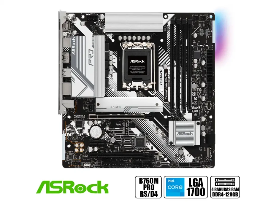 Placa Madre Asrock B760m Pro Rs/d4 (90-mxbkl0-a0uayz) Socket Lga 1700, Ram Ddr4 Buss 5333oc Mhz, 14va, 13va, 12va Gen, Rgb