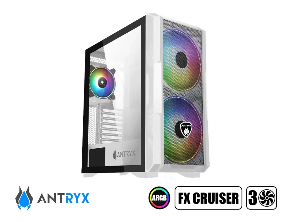 Case Antryx Fx Crusier White S/ Fuente (ac-fx573w) Panel De Vidrio, 3 Ventiladores, Led Argb, Blanco