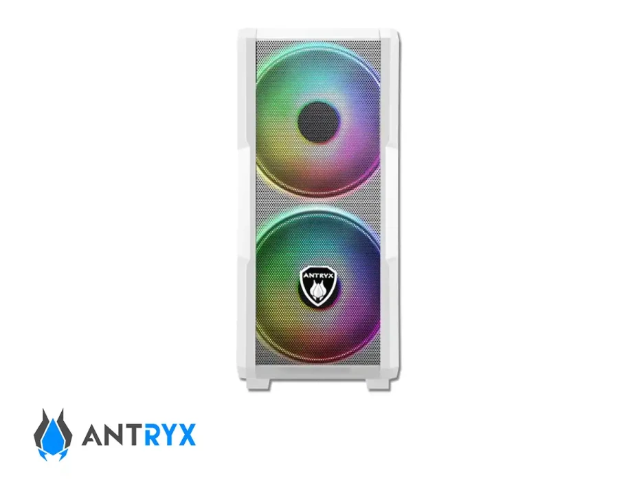 Case Antryx Fx Crusier White S/ Fuente (ac-fx573w) Panel De Vidrio, 3 Ventiladores, Led Argb, Blanco