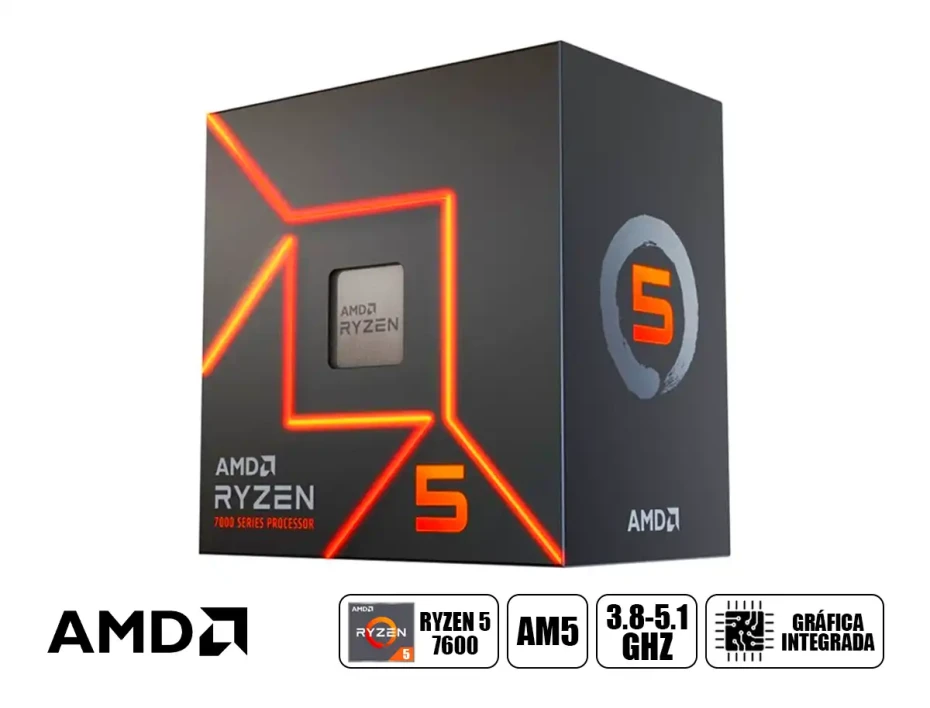 Procesador Amd Ryzen 5 7600 3.8ghz Hasta 5.1ghz 32mb (100-100001015box) Am5, 6 Nucleos, C/ Cooler