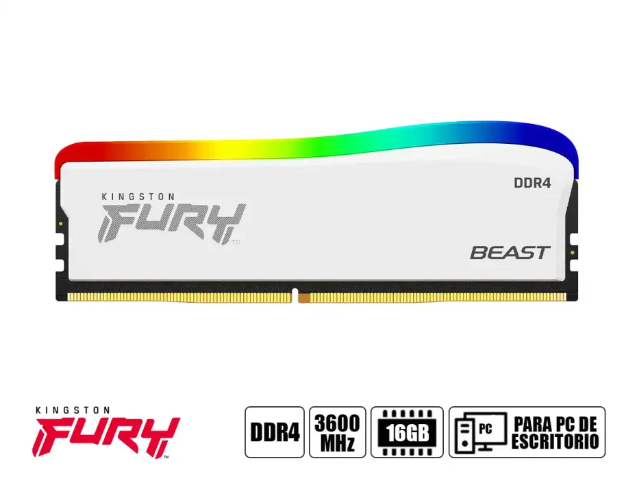 Memoria Ram Kingston Fury Ddr4 16gb Beast (kf436c18bwa/16) 3600 Mhz, Blanco, Rgb