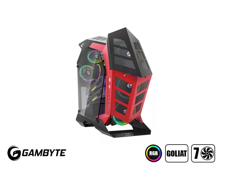 Case Gambyte Goliat S/fuente (gi-goliat-ai) Paneles De Vidrio, 7 Ventiladores, Led Argb, Negro Con Rojo