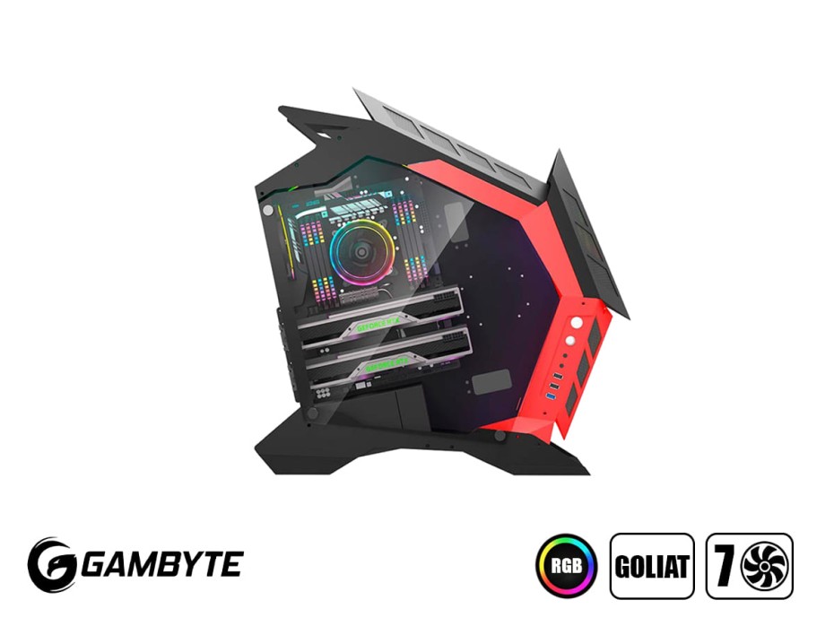 Case Gambyte Goliat S/fuente (gi-goliat-ai) Paneles De Vidrio, 7 Ventiladores, Led Argb, Negro Con Rojo