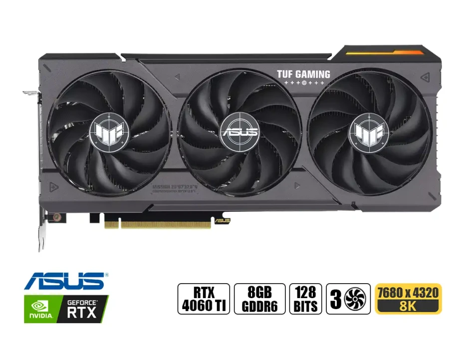 Tarjeta De Video Asus Rtx 4060 Ti Tuf Gaming Oc 8gb Gddr6 (90yv0j50-m0aa00) Geforce Nvidia 128 Bits, 3 Ventiladores