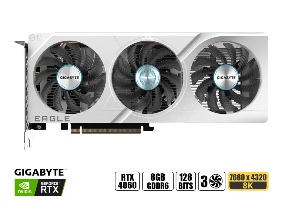 Tarjeta De Video Gigabyte Rtx 4060 Eagle Oc Ice 8gb Gddr6 (gv-n4060eagle-oc-ice-8gd) Geforce Nvidia 128 Bits, Blanco, 3 Ventiladores