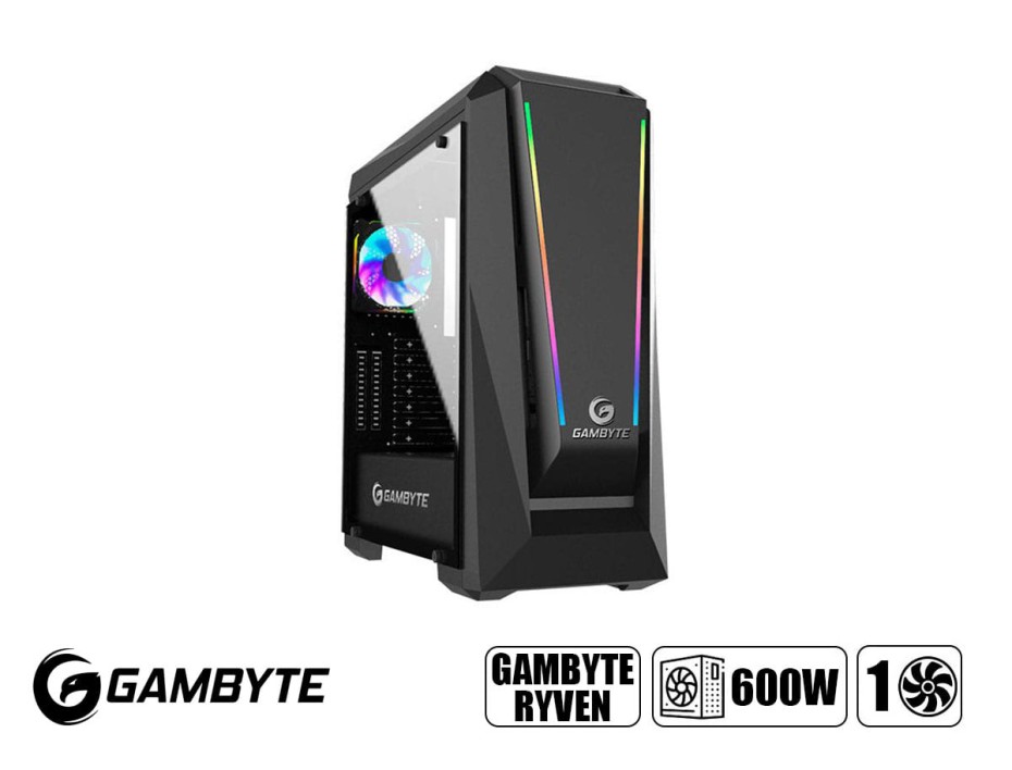 Case Gambyte Ryven Fuente 600w (gta80818a600w) Panel De Vidrio, 1 Ventilador, Led Argb, Negro