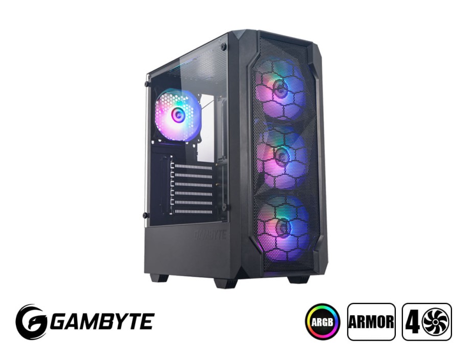 Case Gambyte Armor S/fuente (cs-arm4rbwkg-lg) Panel De Vidrio, 4 Ventiladores, Led Rainbow, Negro