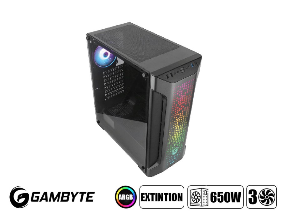 Case Gambyte Extintion Fuente 650w (extintion-600w) Panel De Vidrio, 3 Ventiladores, Led Argb, Negro