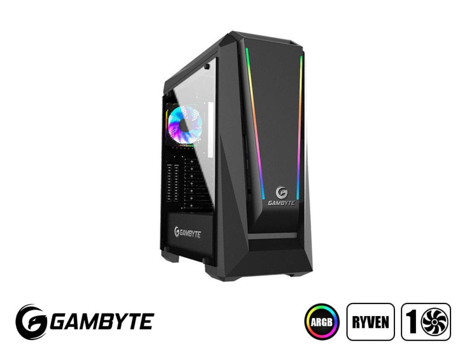 Case Gambyte Ryven S/fuente (gta80818a) Panel De Vidrio, 1 Ventilador, Led Argb, Negro