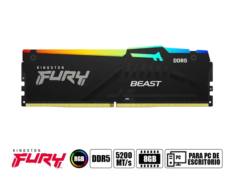 Memoria Ram Kingston Fury Ddr5 8gb Beast (kf552c40bba-8) 5200 Mt/s, Negro, Rgb