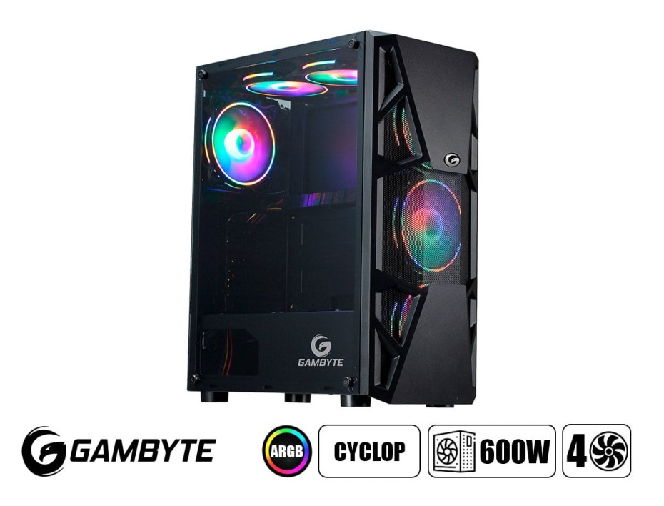 Case Gambyte Cyclop Fuente 600w (cf-cl3303) Panel De Vidrio, 4 Ventiladores, Led Argb, Negro