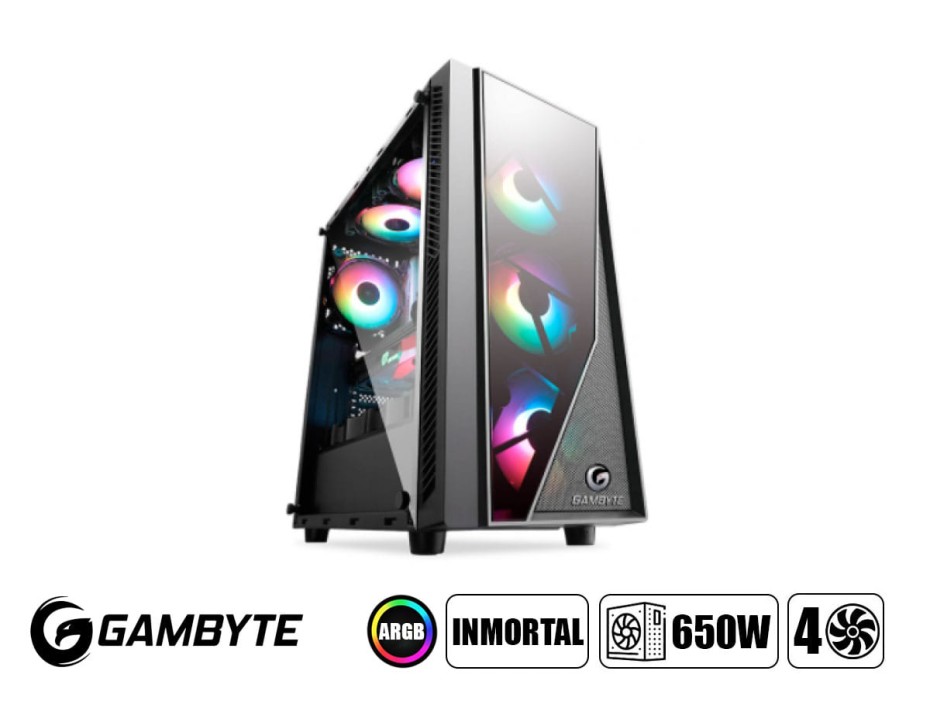 Case Gambyte Inmortal Fuente 650w (cf-inmortal) Panel De Vidrio, 4 Ventiladores, Led Argb, Negro