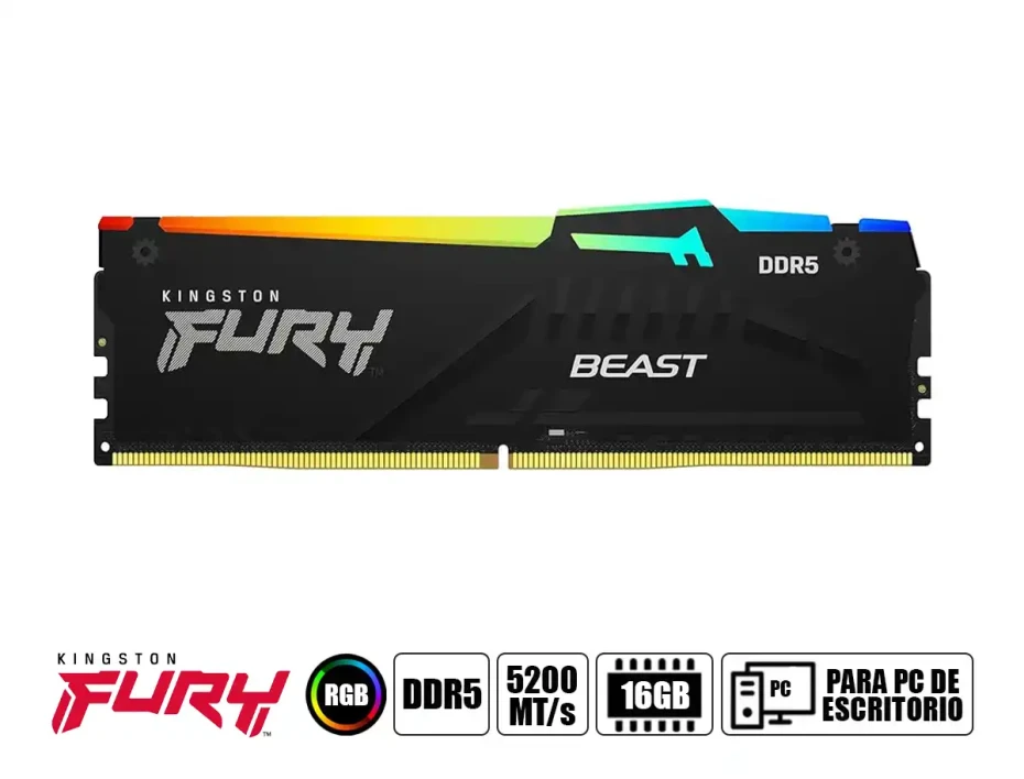 Memoria Ram Kingston Fury Ddr5 16gb Beast (kf552c40bba-16) 5200 Mt/s, Negro, Rgb