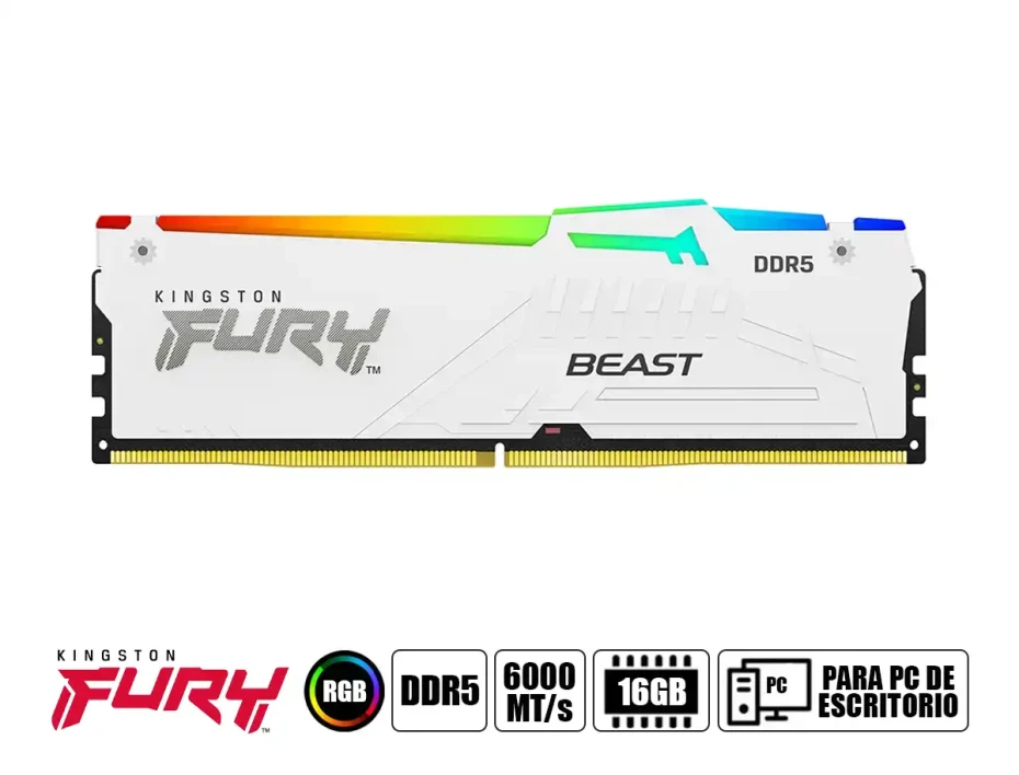 Memoria Ram Kingston Fury Ddr5 16gb Beast (kf560c36bwe2a-16) 6000 Mt/s, Cl36, Blanco, Rgb