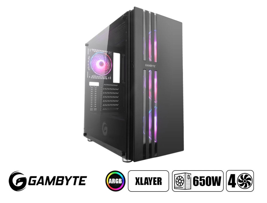 Case Gambyte Xlayer Fuente 650w (xlayer) Panel De Vidrio, 4 Ventiladores, Led Argb, Negro