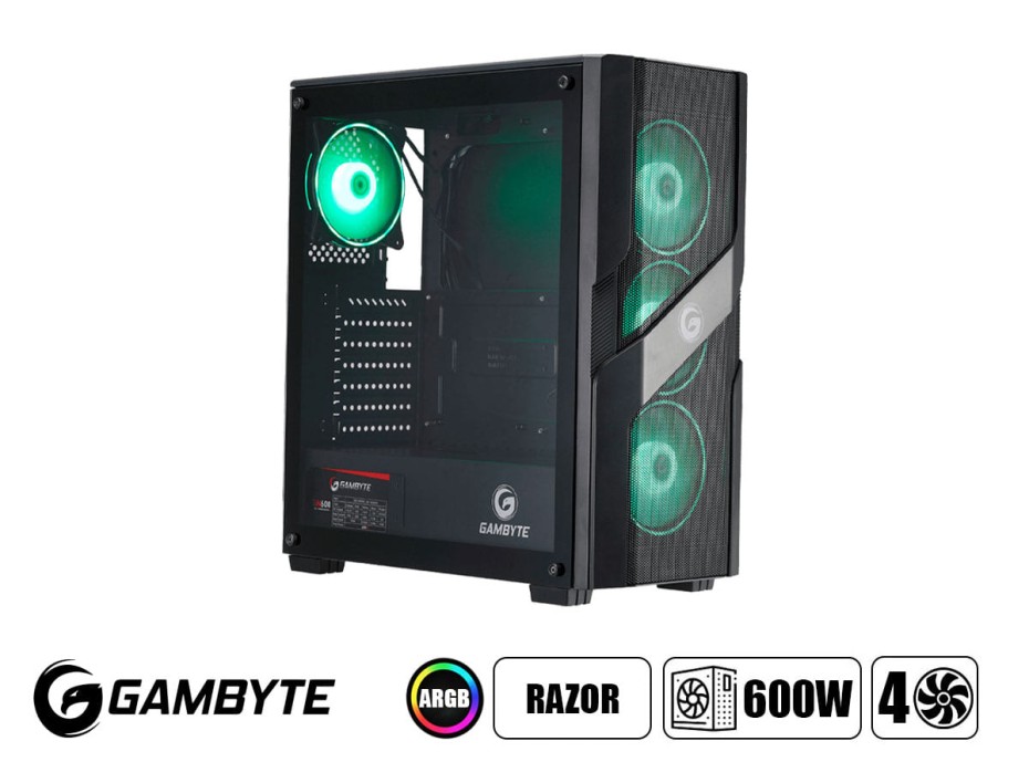 Case Gambyte Razor Fuente 600w (cl7405) Panel De Vidrio, 4 Ventiladores, Led Argb, Negro