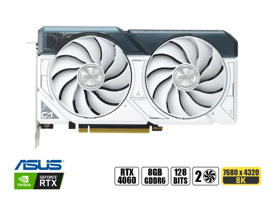 Tarjeta De Video Asus Rtx 4060 Dual Oc 8gb Gddr6 (90yv0jc2-m0aa00) Geforce Nvidia 128 Bits, White, 2 Ventiladores