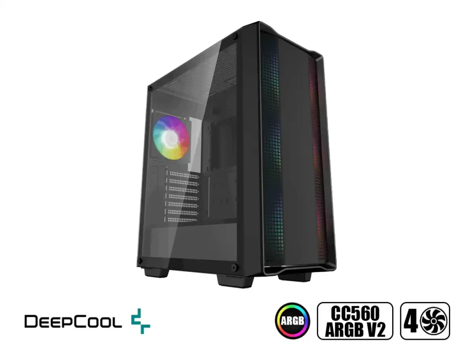 Case Deepcool Gaming Cc560 Argb V2 S/fuente (r-cc560-bktaa4-g-2) Panel De Vidrio, 4 Ventiladores, Led Argb, Negro