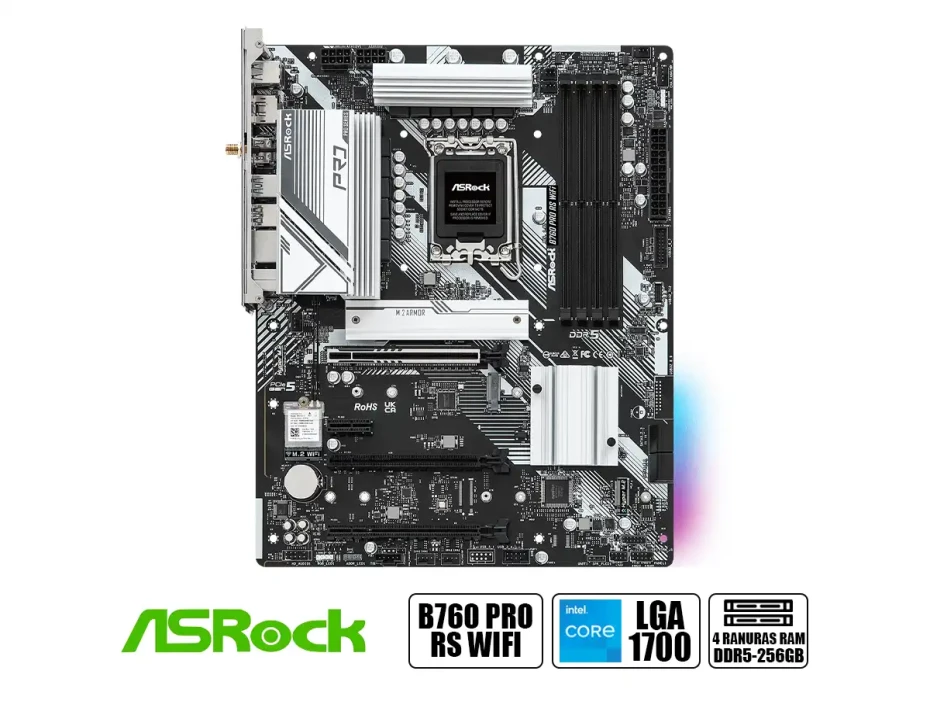 Placa Madre Asrock B760 Pro Rs Wifi (90-mxblq0-a0uayz) Socket Lga 1700, Ram Ddr5 Buss 7200oc Mhz, 14va, 13va, 12va Gen, Rgb, Wifi 6e