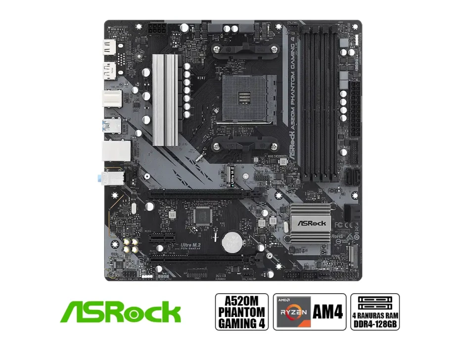 Placa Madre Asrock A520m Phantom Gaming 4 (90-mxbek0-a0uayz) Socket Am4, Ram Ddr4 Buss 4533oc Mhz