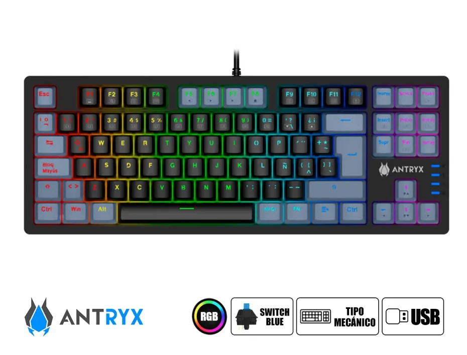 Teclado Gamer Antryx Chrome Storm Mk840l (amk-840lkgblr1-sp) Mecanico, Switch Blue, Negro Y Gris