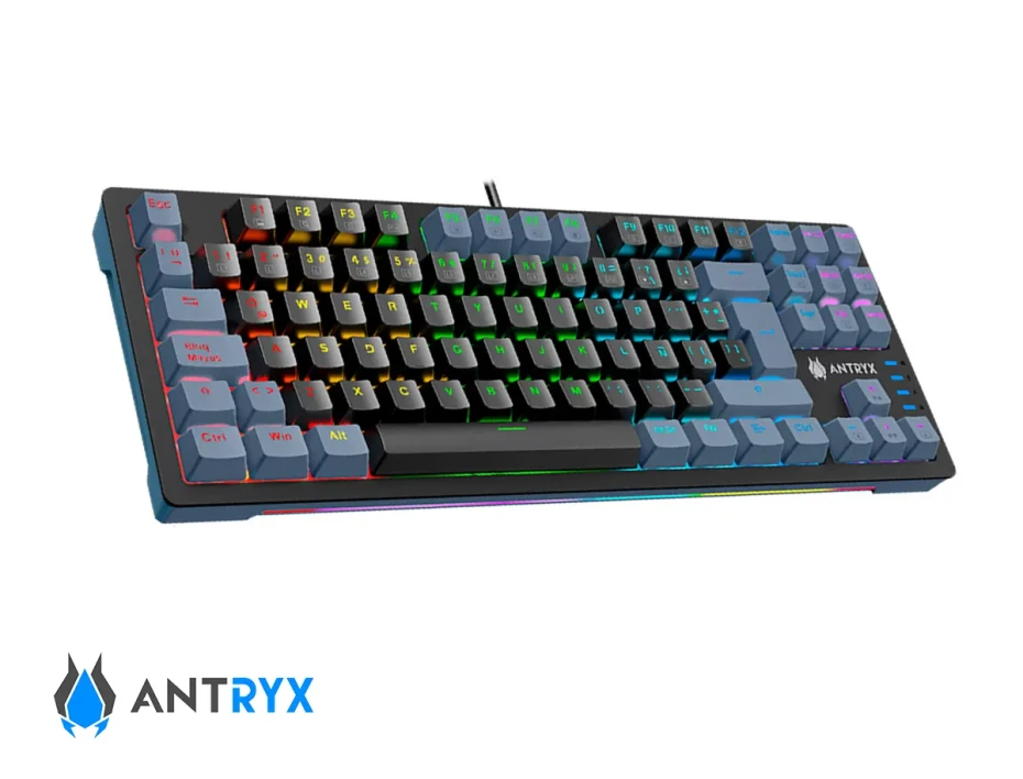 Teclado Gamer Antryx Chrome Storm Mk840l (amk-840lkgblr1-sp) Mecanico, Switch Blue, Negro Y Gris