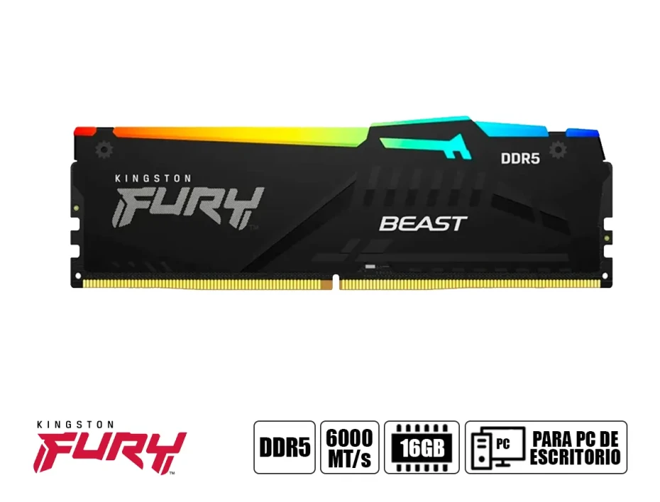 Memoria Ram Kingston Fury Ddr5 16gb Beast (kf560c36bbe2a-16) 6000 Mhz, Cl40, Negro, Rgb