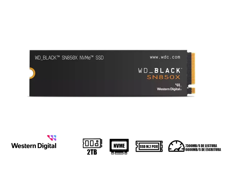 Unidad De Almacenamiento Ssd M.2 Pcie Western Digital 2tb Nvme Sn850x Black, 2280 (wds200t2x0e) 7300mb/s