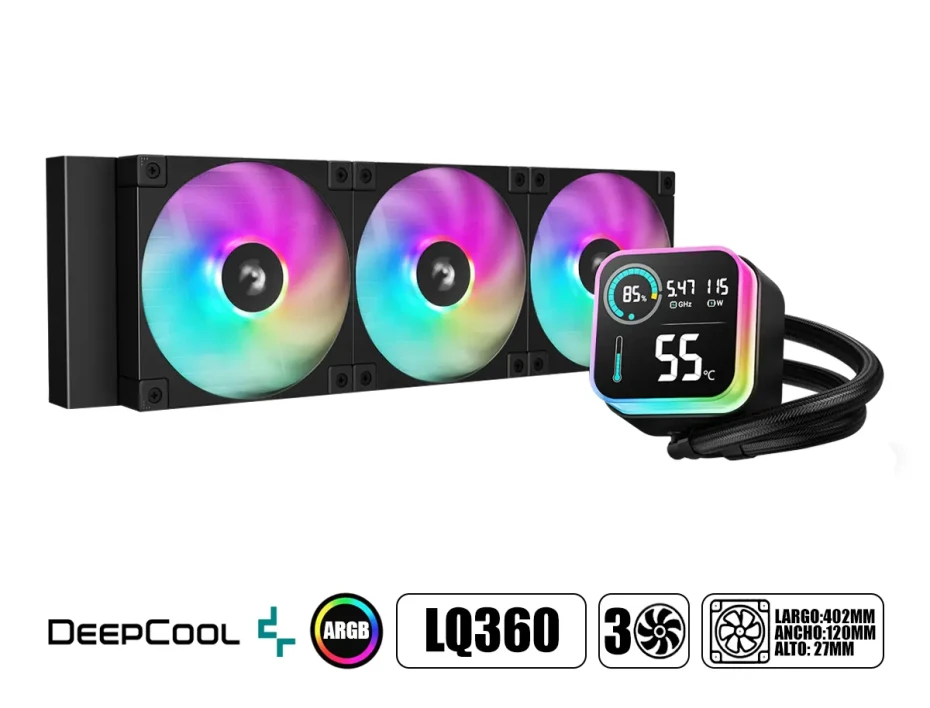 Sistema De Enfriamiento Liquido Deepcool Lq360 (r-lq360-bklsmw-g-1) 3 Ventiladores, 360mm, Led Digital Argb Y Fans